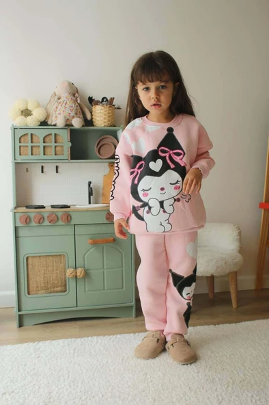 KIZ ÇOCUK KUROMİ MODELLİ PAMUK BİSİKLET YAKA 3 İP ŞARDONLU TAKIM - Resim 3