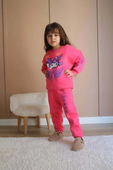 KIZ ÇOCUK KUROMİ MODELLİ PAMUK BİSİKLET YAKA 3 İP ŞARDONLU TAKIM - Resim 4