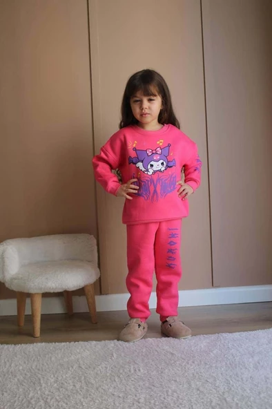 KIZ ÇOCUK KUROMİ MODELLİ PAMUK BİSİKLET YAKA 3 İP ŞARDONLU TAKIM - Resim 6