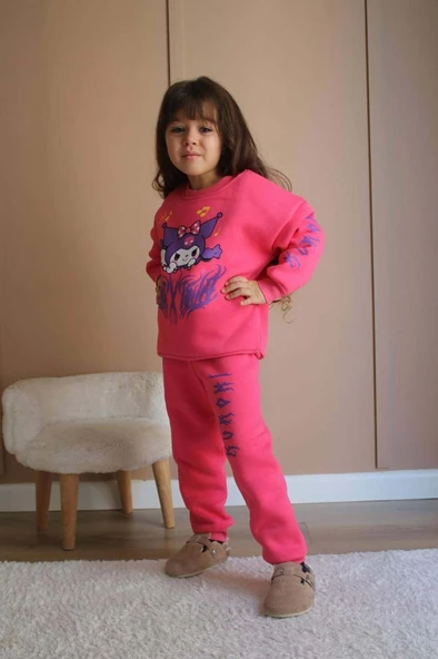 KIZ ÇOCUK KUROMİ MODELLİ PAMUK BİSİKLET YAKA 3 İP ŞARDONLU TAKIM - Resim 5