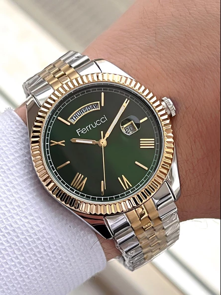 Ferrucci Rolex Model Çelik Kordon Takvimli Kadran 30 Mt Suya Dayanıklı Erkek Kol Saati FEC.13029M04 - Resim 2