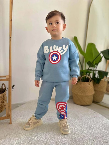 ERKEK ÇOCUK BLUEY MODELLİ BİSİKLET YAKA PAMUK 3 İPLİK ŞARDONLU TAKIM - 1