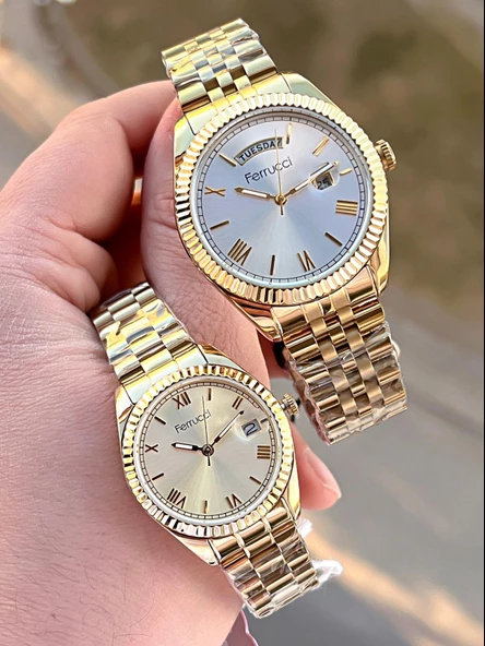 Ferrucci Çiftlere Özel Çelik Kordon Takvimli Kadran Sevgili Kombini Özel Çift Saati CFT.13029C02 ürün görseli