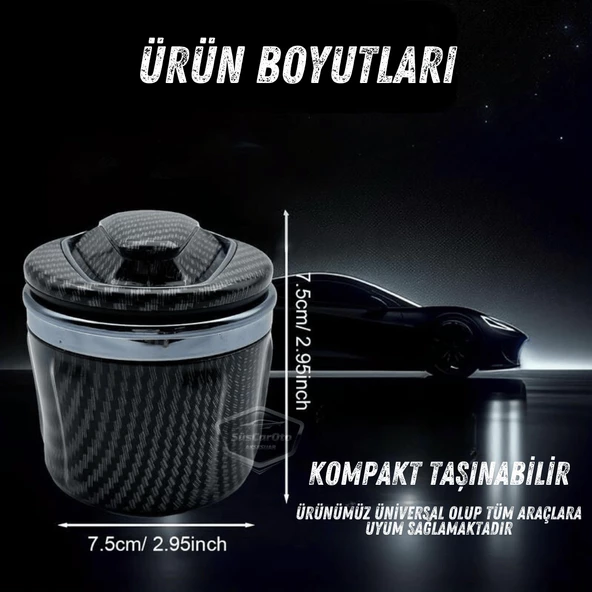 Üniversal Porselen Yanmaz Koku Geçirmez Mavi Işıklı Lüx Oto Küllük Dumansız Kapaklı Spor Araç İçi Küllük Araba Küllüğü Karbon Gümüş - 3