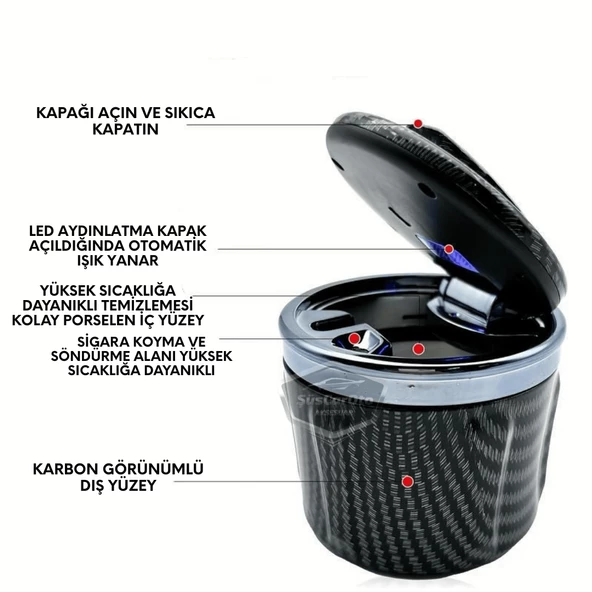 Üniversal Porselen Yanmaz Koku Geçirmez Mavi Işıklı Lüx Oto Küllük Dumansız Kapaklı Spor Araç İçi Küllük Araba Küllüğü Karbon Gümüş - 2