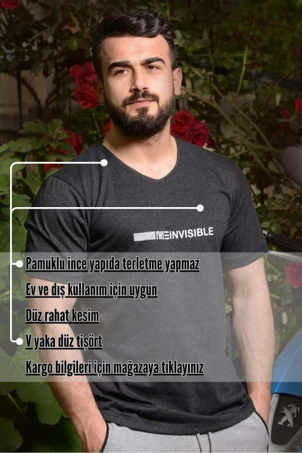 Erkek Siyah Invisible Yazılı Kısa Kollu V Yaka Tişört 20ETSHNVSB - 3