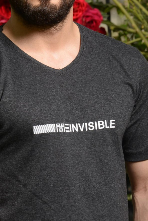 Erkek Siyah Invisible Yazılı Kısa Kollu V Yaka Tişört 20ETSHNVSB - 4