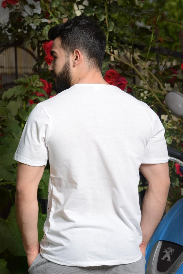Erkek Beyaz Çapa Baskılı Kısa Kollu Bisiklet Yaka Tişört 20ETSHCAPA - 5