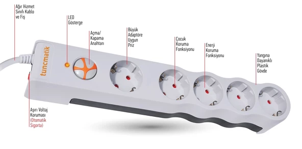 TUNÇMATİK Şok Akım Korumalı Beşli Grup Priz 5Li 1.5mt Kablolu Anahtarlı (Beşli 1.5 Metre) - 3