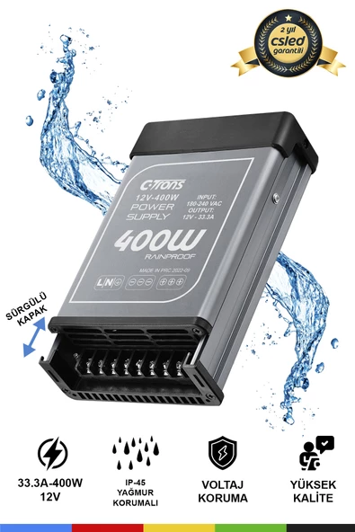 IP45 Yağmur Korumalı 12V 33.3A Güç Kaynağı, 400W LED Sürücü AC/DC Trafo Dönüştürücü