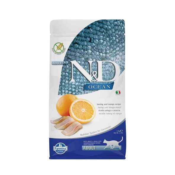N&D Ocean Tahılsız Ringa Balıklı Portakallı Yetişkin Kedi Maması 1,5 Kg
