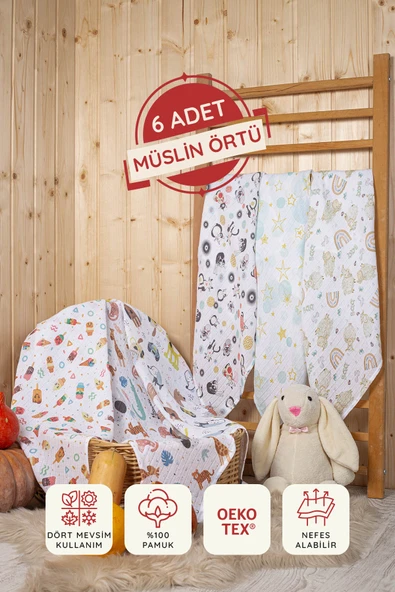 LUCKKA  Çok Amaçlı Müslin Örtü Seti - 75x75 cm - ZTC100  Desenli 2