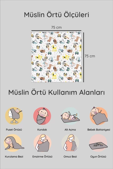 LUCKKA  Çok Amaçlı Müslin Örtü Seti - 75x75 cm - ZTC100  Desenli 2 - 8