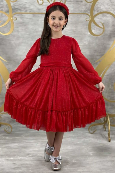 Kız Çocuk Sıfır Yaka Kolları Transparan Eteği Tüllü Simli Kırmızı Abiye - Resim 8