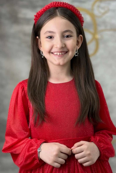 Kız Çocuk Sıfır Yaka Kolları Transparan Eteği Tüllü Simli Kırmızı Abiye - Resim 11