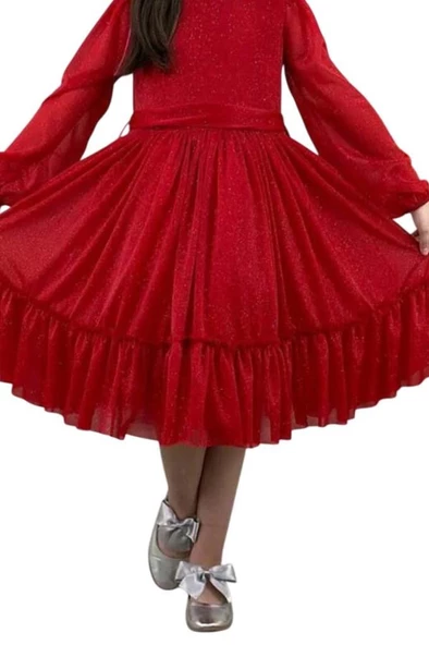 Kız Çocuk Sıfır Yaka Kolları Transparan Eteği Tüllü Simli Kırmızı Abiye - Resim 7