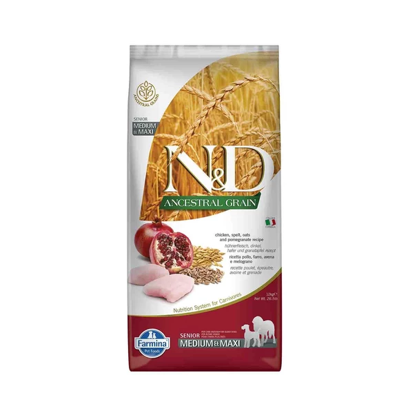 N&D Düşük Tahıllı Tavuklu Narlı Büyük ve Orta Irk Yaşlı Köpek Maması 12 Kg