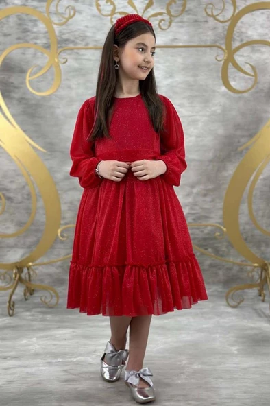 Kız Çocuk Sıfır Yaka Kolları Transparan Eteği Tüllü Simli Kırmızı Abiye - Resim 2