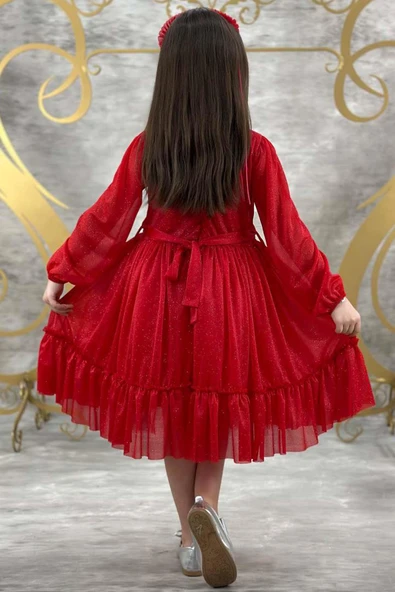 Kız Çocuk Sıfır Yaka Kolları Transparan Eteği Tüllü Simli Kırmızı Abiye - Resim 10