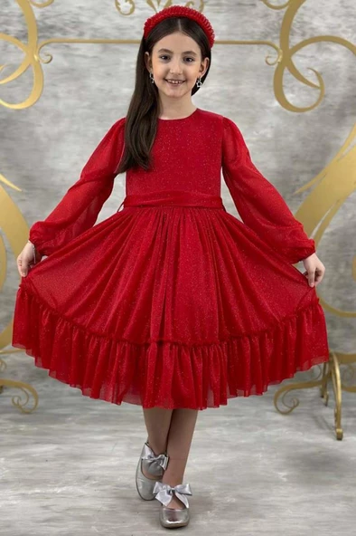 Kız Çocuk Sıfır Yaka Kolları Transparan Eteği Tüllü Simli Kırmızı Abiye ürün görseli