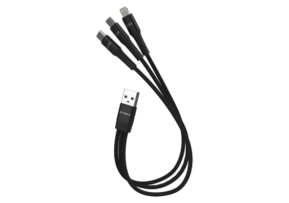 Syrox C144 2.4A 22cm Örgülü USB - 2 x Type-C 2.0A + Lightning 2.4A Çoklu Şarj & Data Kablosu - Siyah