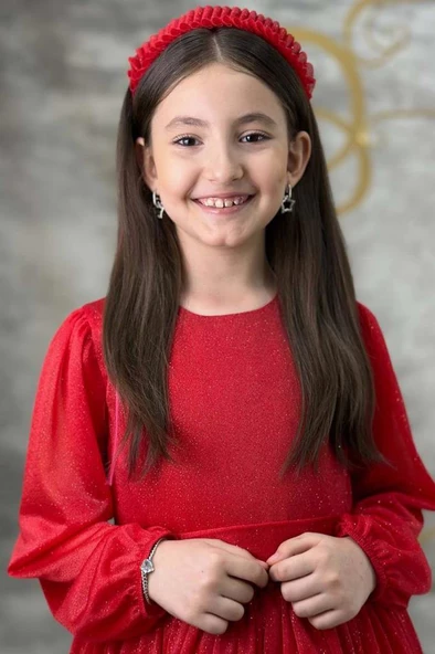 Kız Çocuk Sıfır Yaka Kolları Transparan Eteği Tüllü Simli Kırmızı Abiye - Resim 4