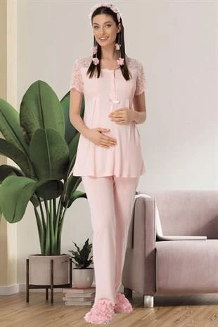 Mecit 5422 Pudra Dantel Detaylı Hamile Lohusa Pijama Tk - 2