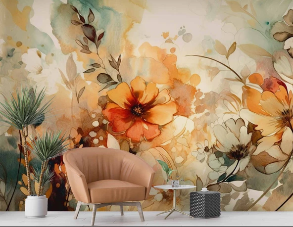 Turuncu Çiçek Çizim Deseneli Duvar Kağıdı - Resim 6