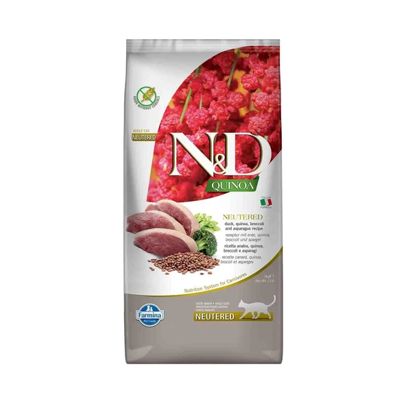 N&D Quinoa Kısırlaştırılmış Ördek Brokoli ve Kuşkonmazlı Yetişkin Kedi Maması 5 KG