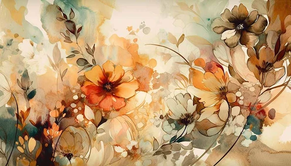 Turuncu Çiçek Çizim Deseneli Duvar Kağıdı - Resim 7