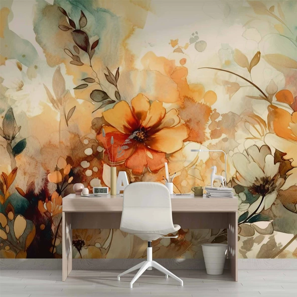 Turuncu Çiçek Çizim Deseneli Duvar Kağıdı - Resim 4