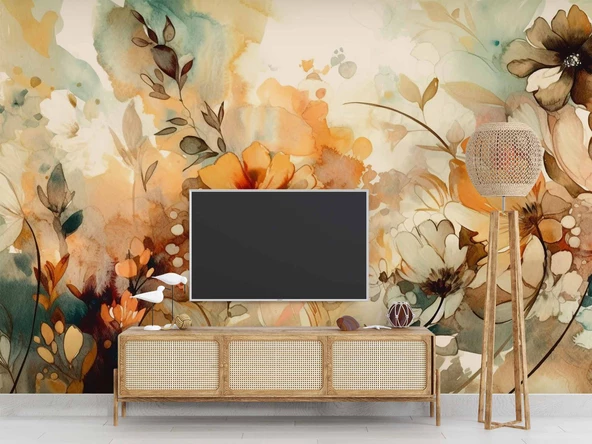 Turuncu Çiçek Çizim Deseneli Duvar Kağıdı - Resim 3