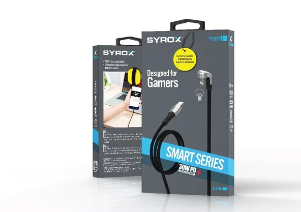 Syrox C132TL 30W PD 1.19mt Örgülü Type-C - 180° Lightning Şarj & Data Kablosu - Siyah - 2