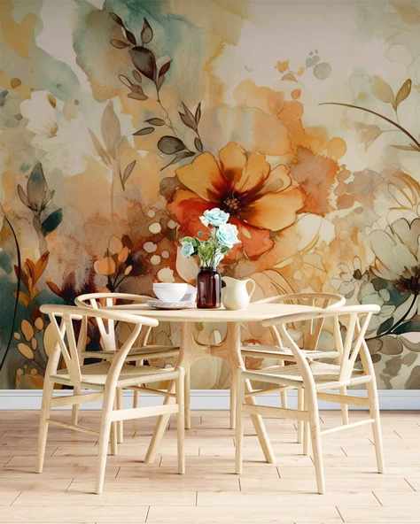 Turuncu Çiçek Çizim Deseneli Duvar Kağıdı - Resim 5