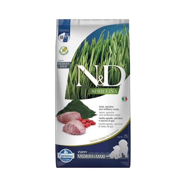 N&D Spirulina Takviyeli Tahılsız Kuzu Etli Orta ve Büyük Irk Yavru Köpek Maması 7 Kg