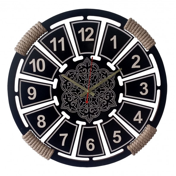 Halatlı Dekoratif Ahşap MDF Duvar Saati 50 cm Siyah Sinan Desenli
