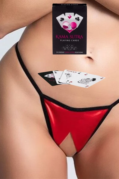 Sexi Görselli Oyun Kartı Kama Sutra Kırmızı ortası Açık Tanga Külot model BK1032