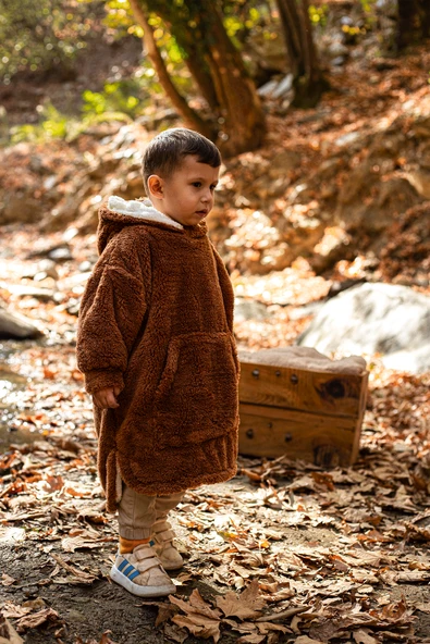 Heritage Çift Katlı Wellsoft Çocuk Giyilebilir Battaniye - Peluş Panço Oversize - ZTPUFBAT 6-8 Yaş Bej - 8