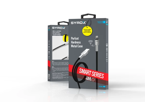 Syrox C133AL 2.4A 1.18mt Örgülü USB - Lightning Şarj & Data Kablosu - Siyah - 2