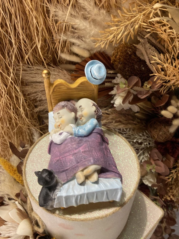 Yatakta Uyuyan  Sevimli Yaşlı Çift ve Kedisi Biblo - Resim 6