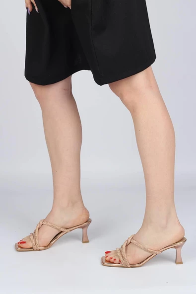 Bakır Taşlı Çapraz Bantlı Topuklu Abiye Terlik - Monoce - 3