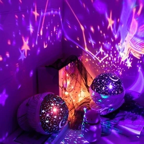 Renkli Ay Yıldız Tavan Yansıtma Pilli Led Gece Lambası Gökyüzü Projeksiyonlu Dönen Küre - Resim 6