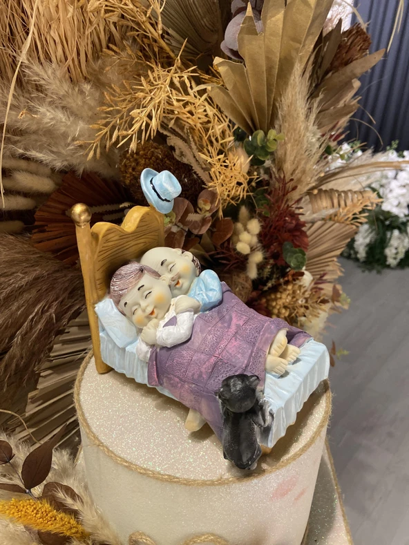 Yatakta Uyuyan  Sevimli Yaşlı Çift ve Kedisi Biblo - Resim 8