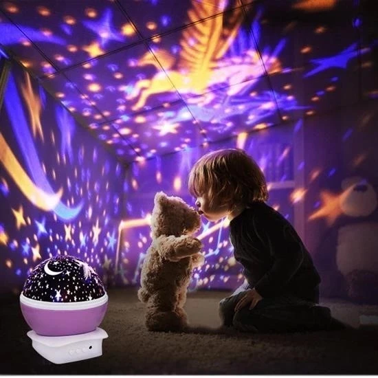 Renkli Ay Yıldız Tavan Yansıtma Pilli Led Gece Lambası Gökyüzü Projeksiyonlu Dönen Küre - Resim 8