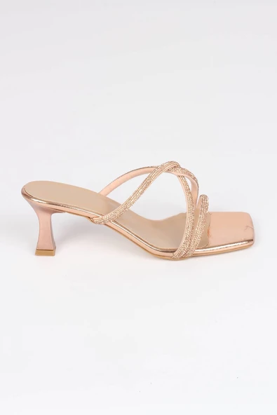 Bakır Taşlı Çapraz Bantlı Topuklu Abiye Terlik - Monoce - 2