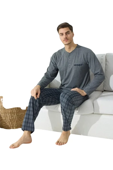 Kly Erkek Uzun Kol Midi Yaka Pijama Takım 9223 - Resim 3