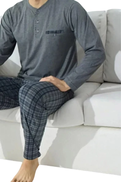 Kly Erkek Uzun Kol Midi Yaka Pijama Takım 9223 - Resim 4