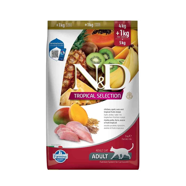 N&D Tropical Selection Düşük Tahıllı Tavuklu ve Tropikal Meyveli Yetişkin Kedi Maması 4+1kg Hediyeli!