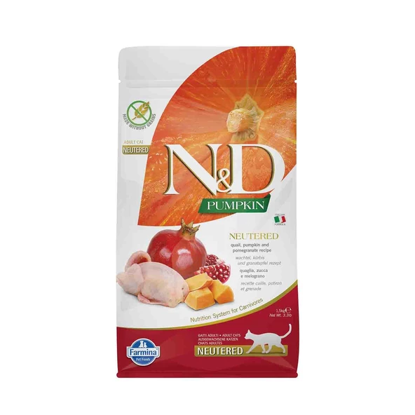 N&D Pumpkin Tahılsız Bıldırcın Etli Bal Kabaklı ve Narlı Kısırlaştırılmış Kedi Maması 1.5 Kg