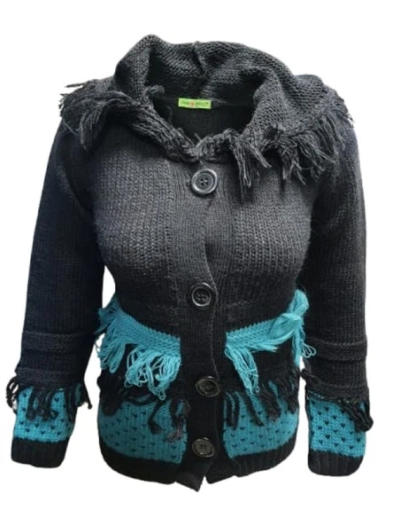 Pink Apple P00130 Kadın El Örgü Önü Püsküllü Kapüşonlu Hırka - Resim 3